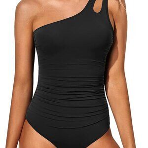 One Shoulder One Piece Black Swimsuit Bathing Suit Tummy Control Size Small
